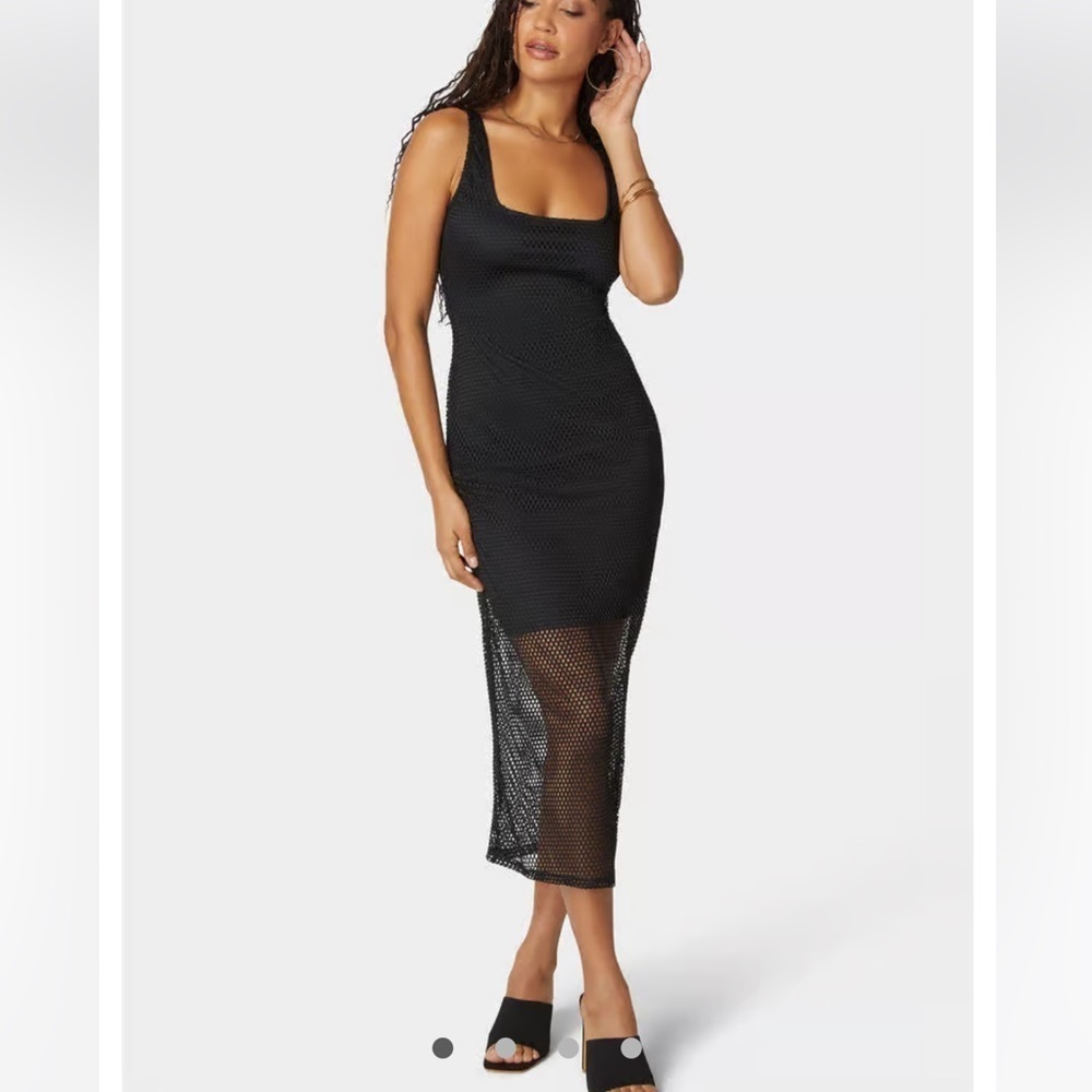 Bebe Fishnet Illusion Midi Dress Womens Medium Black Slit Sleeveless NWT NEW